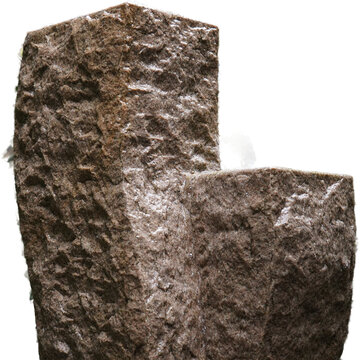 A modern stone water feature stands in a verdant garden, its textured surface catching the light. Lush greenery, including Ficus microcarpa 