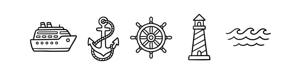 Set of nautical line art icons including a cruise ship, anchor, helm, lighthouse, and waves. Simple hand-drawn maritime doodle collection for travel and ocean themes. © Nort Kor