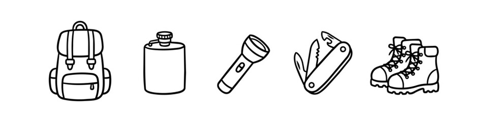 Naklejka premium Vector line art icons of camping and hiking gear, including a backpack, flask, flashlight, multi-tool, and hiking boots. Minimalist outline style on a white background.