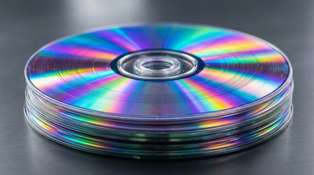 Professional high-quality close-up shot of a stack of blank CD and DVD optical discs showing vibrant rainbow iridescent reflections and light spectrum on a dark sleek surface background.