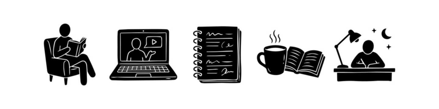 A collection of black hand-drawn icons representing study habits, including online learning, reading a book, taking notes, coffee breaks, and late-night studying at a desk.