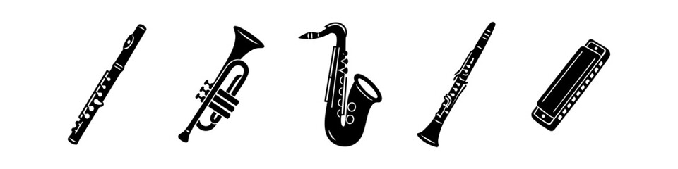 Set of black minimalist silhouettes of wind instruments including flute, trumpet, saxophone, clarinet, and harmonica on a white background. Ideal for music-related graphic design projects. © Nort Kor