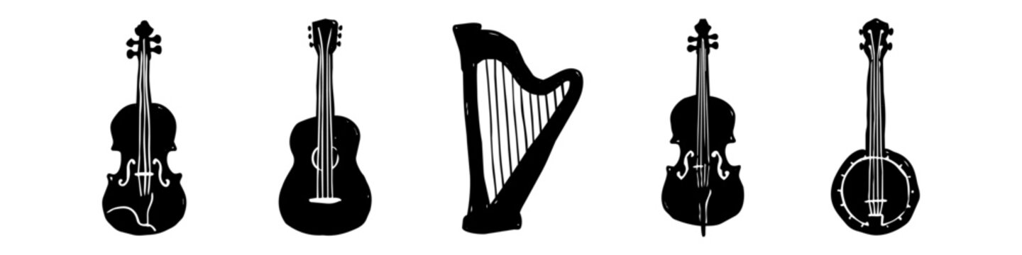 Hand-drawn black silhouettes of stringed musical instruments including violin, guitar, harp, cello, and banjo on a white background. Rustic sketch style banner.