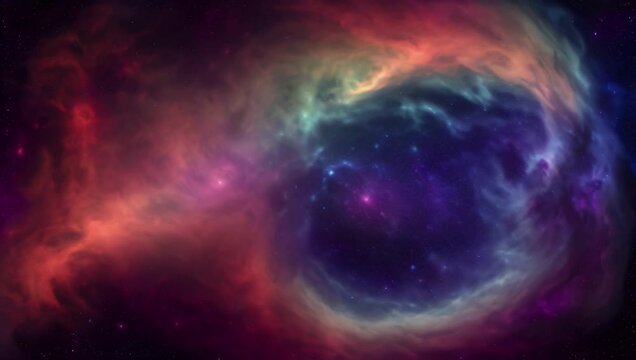 A seamless loop of a dynamic interstellar starfield and colorful nebula gas clouds. This continuous 3D space animation features vibrant glowing cosmic energy, starlight, and majestic dark matter, idea