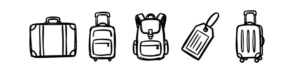 Set of hand-drawn travel luggage icons including suitcases, a backpack, and a luggage tag. Minimalist black ink doodle style isolated on white. Perfect for travel and vacation themes. © Nort Kor