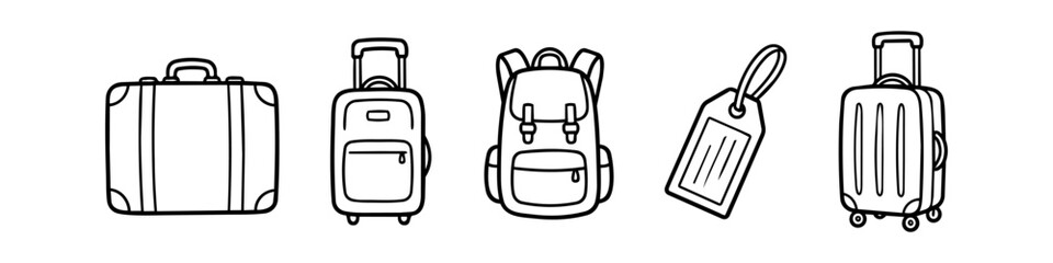 Set of hand-drawn travel luggage icons including suitcases, backpack, and luggage tag. Minimalist black line art vector illustration for travel and tourism concepts. © Nort Kor