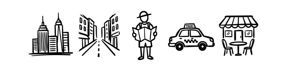 Hand-drawn doodle icons for travel and city life featuring skyscrapers, an urban street, a tourist with a map, a taxi, and a sidewalk cafe. Black line art for urban exploration themes. © Nort Kor