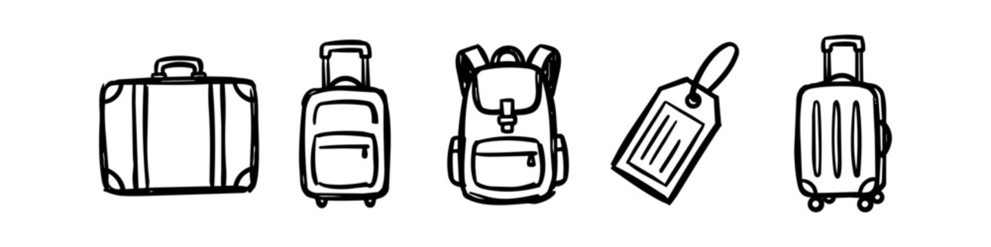 Set of hand-drawn travel luggage icons including suitcases, a backpack, and a luggage tag. Minimalist black ink doodle style isolated on white. Perfect for travel and vacation themes.