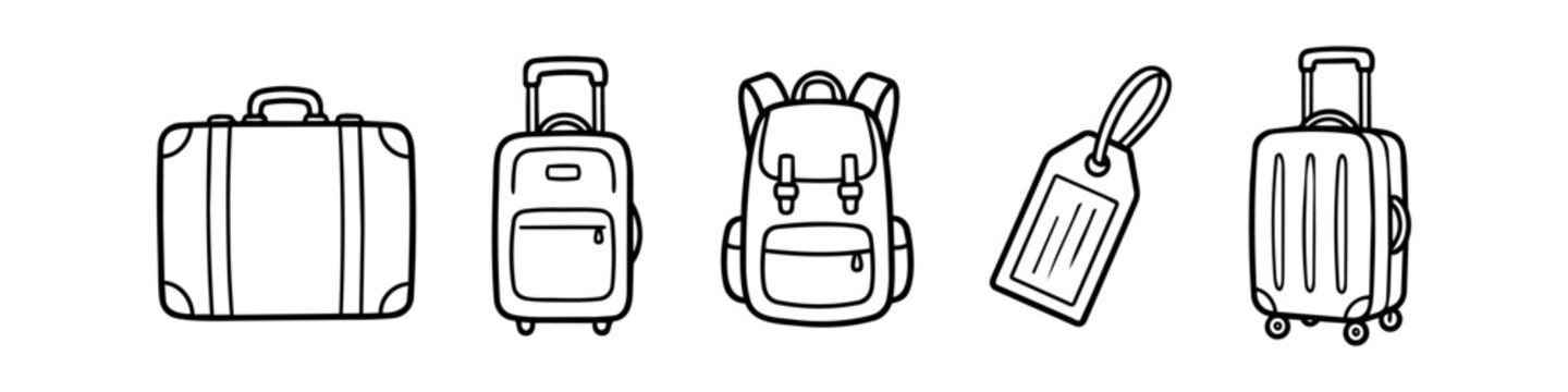 Set of hand-drawn travel luggage icons including suitcases, backpack, and luggage tag. Minimalist black line art vector illustration for travel and tourism concepts.