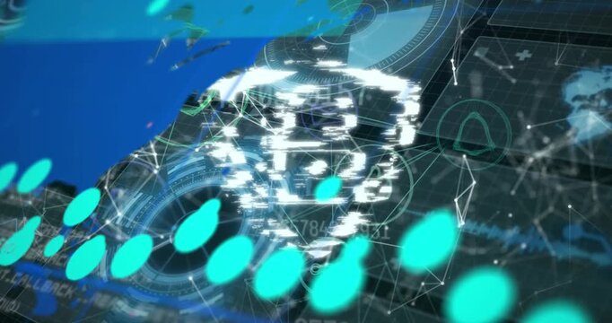 Animation of security padlock icon and network of connections over interface with data processing