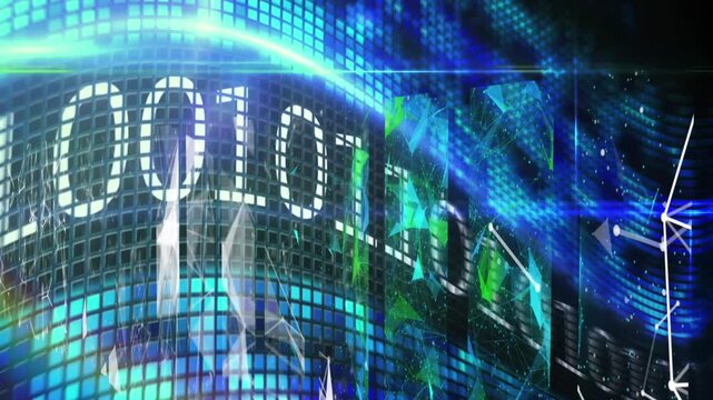 Animation of technology icons, lights and binary code on digital display