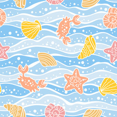 Hand drawn seamless pastel marine pattern with shells, corals, crabs and stars, playful ocean themed boho background with soft pink, blue and yellow decorative elements © Nataliia