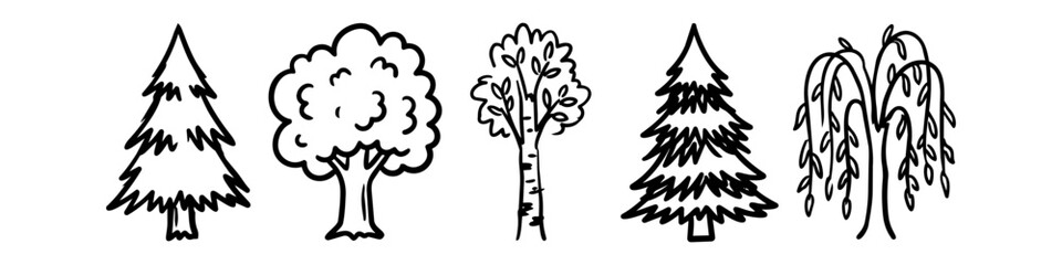 Set of hand-drawn tree icons in a minimalist black ink doodle style. Includes diverse species like pine, spruce, birch, deciduous, and weeping willow, perfect for eco-friendly design projects. © Nort Kor