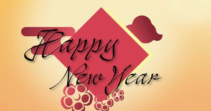 Animation of happy new year text in snow falling over falling on pink background