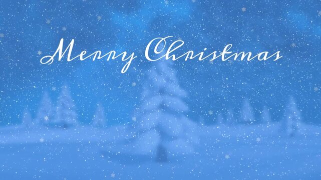 Animation of merry christams text and snowfall over snow covered coniferous trees on landscape