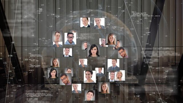 Animation of computer data, dots connected with lines, multiracial people photos, globe, cityscape