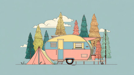 Camping in a trailer at a forest