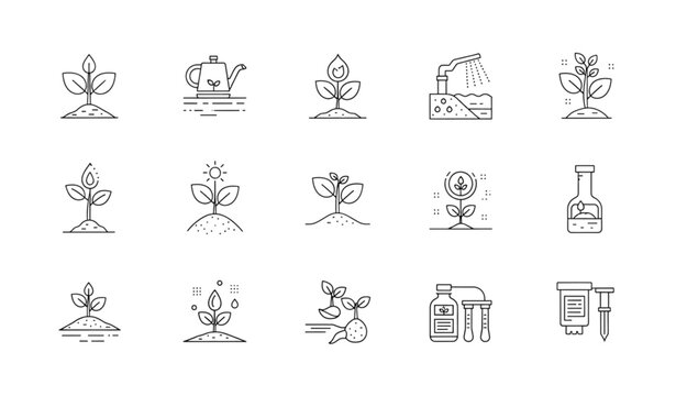 Modern agriculture line icon set with plant growth seedling drought and soil testing editable stroke isolated on transparent background
