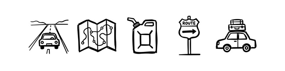 Hand-drawn doodle icon set of road trip elements including a car, highway, navigation map, gas can, route sign, and vehicle with suitcases. Ideal for travel blogging and adventure themes. © Nort Kor