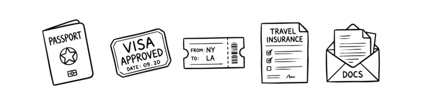Hand-drawn doodle set of travel documents: passport, approved visa stamp, ticket, insurance policy, and documents envelope. Minimalist black line art illustration for vacation planning.