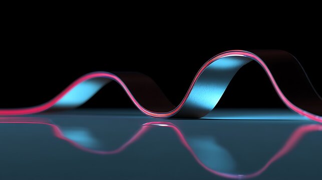 Sinusoidal wave shape made of metallic with pink and blue light reflections on surface