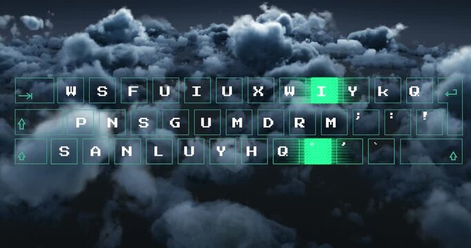 Animation of data processing on computer keyboard over clouds