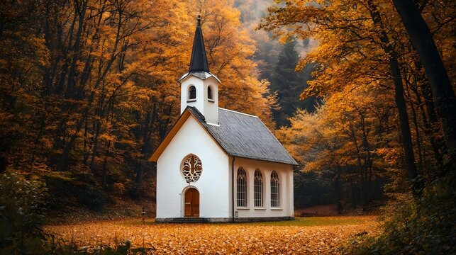 The golden autumn bell of a small church in the mountains