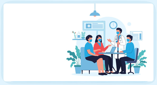 Group of patients wearing face masks having a medical consultation with a doctor around a table with a laptop.