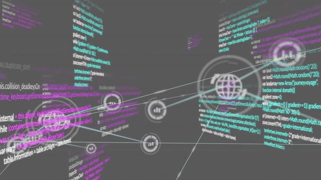 Animation of connected icons and multicolored computer language over black background