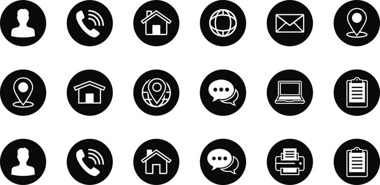 Minimalist Circular Black and White Contact Information Icon Set Featuring Web Home Email Phone Location User and Office Stationery Symbols for Business CardsMinimalist Circular Black and White Contac