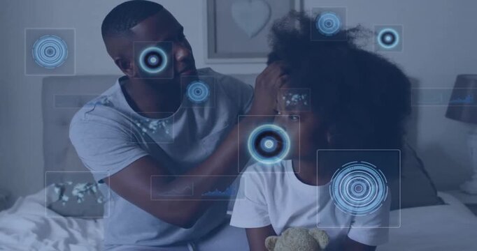 Animation of data processing over african american father styling daughter at home
