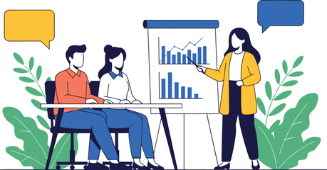 Fototapeta premium Modern Business Presentation Illustration Featuring a Female Professional Presenting Analytics and Data Charts to a Team in a Collaborative Office EnvironmentModern Business Presentation Illustration 