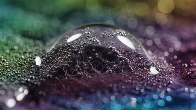 Macro close-up of vibrant water droplets forming and merging on textured surface, with rainbow bokeh background, symbolizing transformation, fluidity