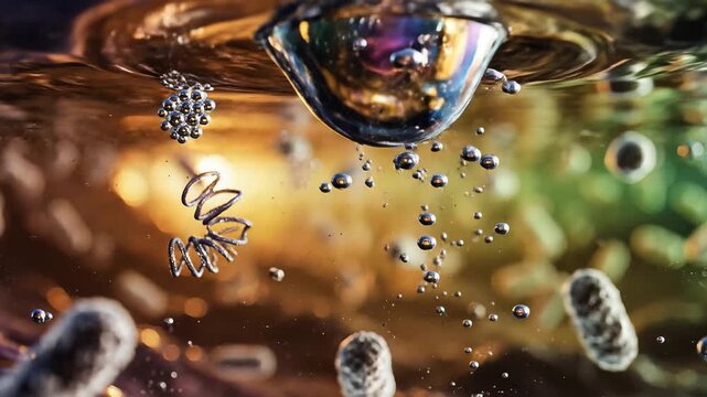Microscopic World: Bubbles and Bacteria in Vibrant Liquid, Macro Cinematic Motion Representing Science, Biology, and Microbes