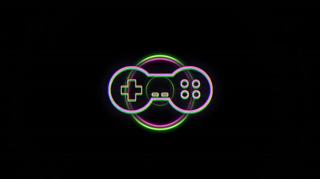 Glowing neon animation of game controller icon on black background