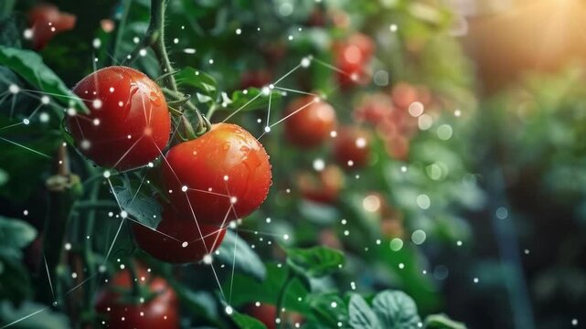 Ripe red tomatoes on the vine in a greenhouse, glistening with droplets of water and surrounded by a digital data network, symbolise smart farming&mdash;an innovative backdrop for agritech start-ups and art
