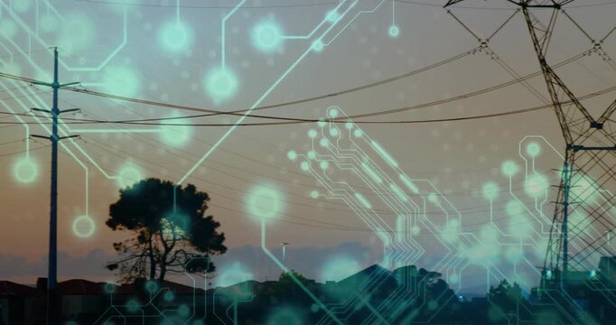 Tree silhouette panning right revealing pole and lattice towers while teal circuit overlay merging