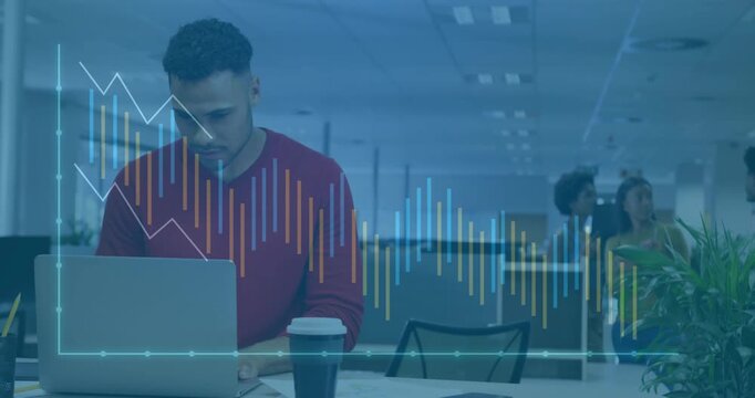 Business analyst standing in office initiating audio-visualizer overlay for tracking real-time data