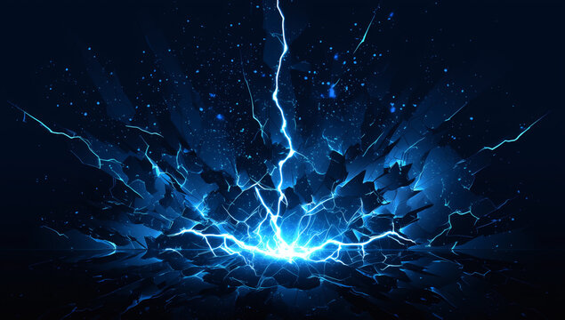 Electric blue lightning bolt striking ground.