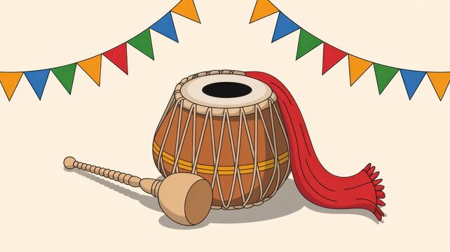Traditional Indian tabla drum with mallet and festive bunting flags