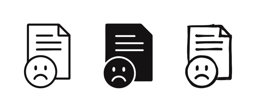 Document with Sad Face Icon Set. File Error, Data Problem, and Failed Report Concept.