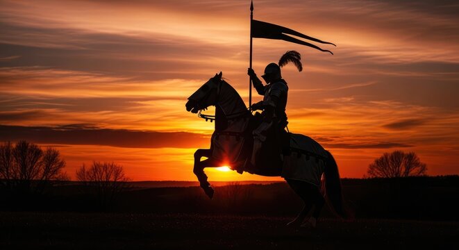 Majestic knight on horseback raises banner against fiery sunset sky, symbolizing victory and adventure.