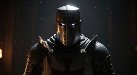 Naklejka premium Mysterious armored knight with glowing eyes in a dark, atmospheric setting.