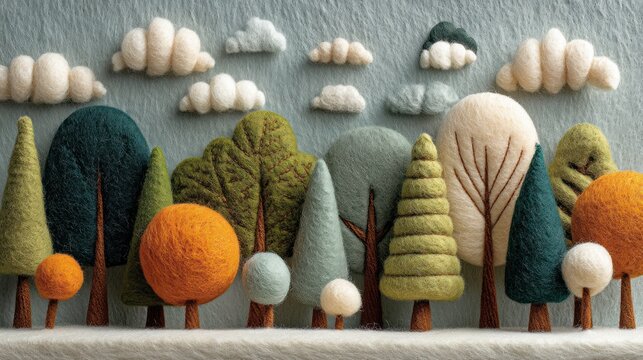 Artistic felt landscape with trees and clouds against a muted blue backdrop