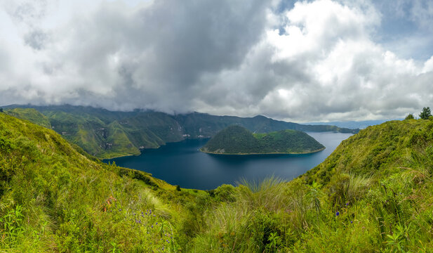 Laguna de Cuicocha with the island in the crater lake, Ecuador.