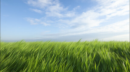 Obraz premium Green grass field waving in wind under blue sky background with wide copy space