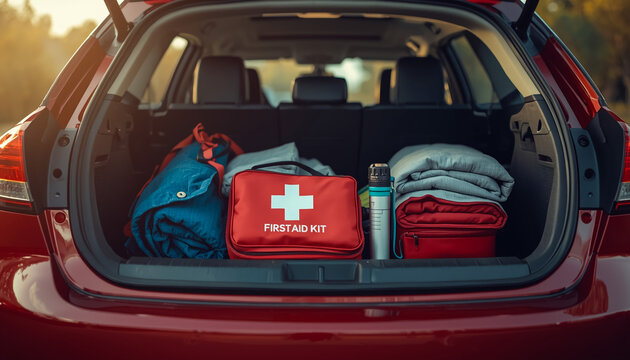 Car Trunk with First Aid Kit, Emergency Supplies, and Travel Gear