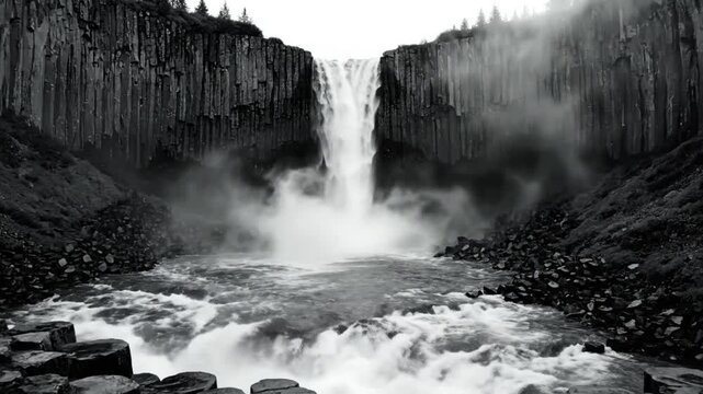 Epic Black and White Waterfall with a Flowing River and Striking Basalt Columns in Iceland
