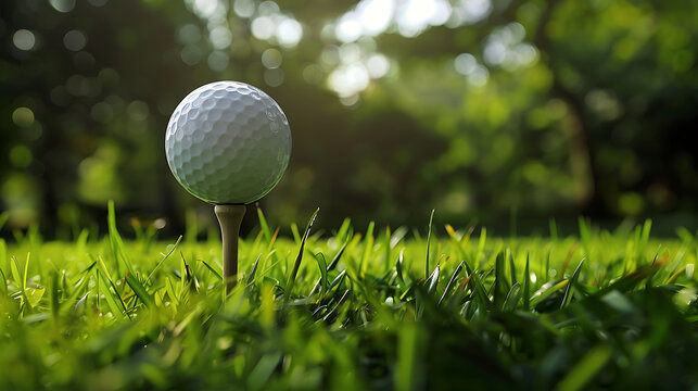 Fresh morning close up golf ball on tee in bright grass, perfect for outdoor sports ads and corporate events.