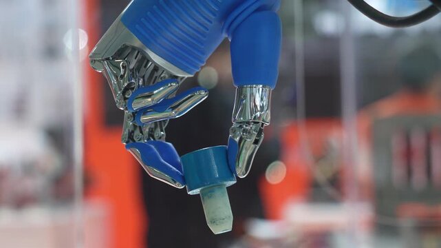 Artificial robotic hand at the presentation of robotics.Creation of artificial intelligence